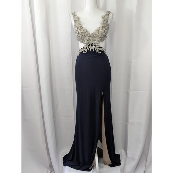 JUMP APPAREL! GLAM JEWELED NUDE LACE BRA TO NAVY WAIST FULL LENGTH GOWN!  3/4 - Picture 2 of 10